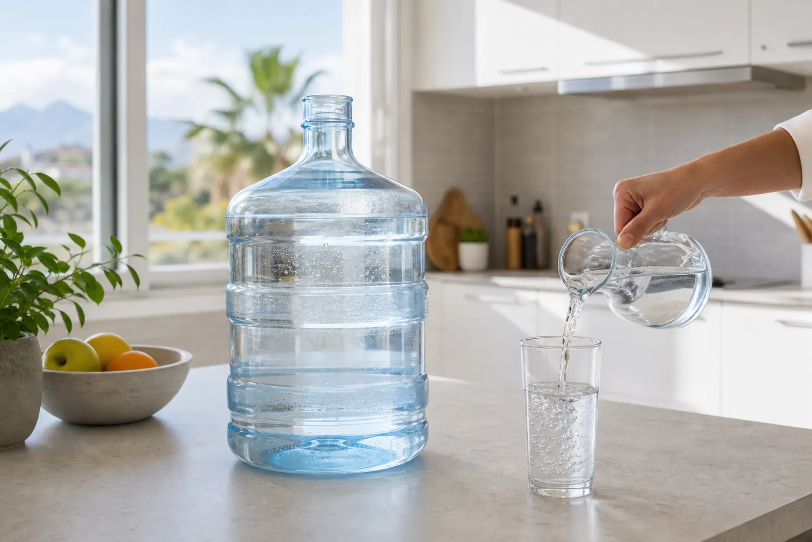 Garrafa reutilizable y vaso de agua fresca en hogar